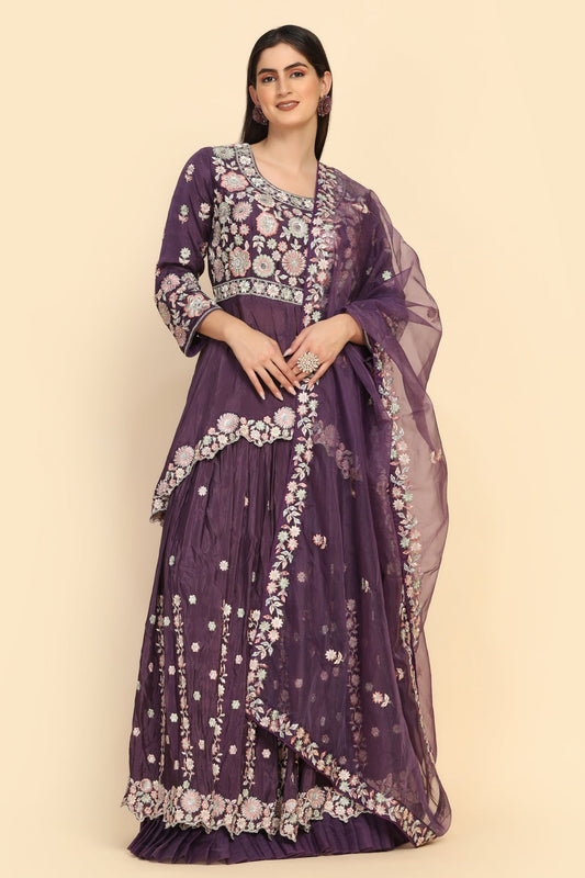 elegant purple color floral motif embroidered lehenga set