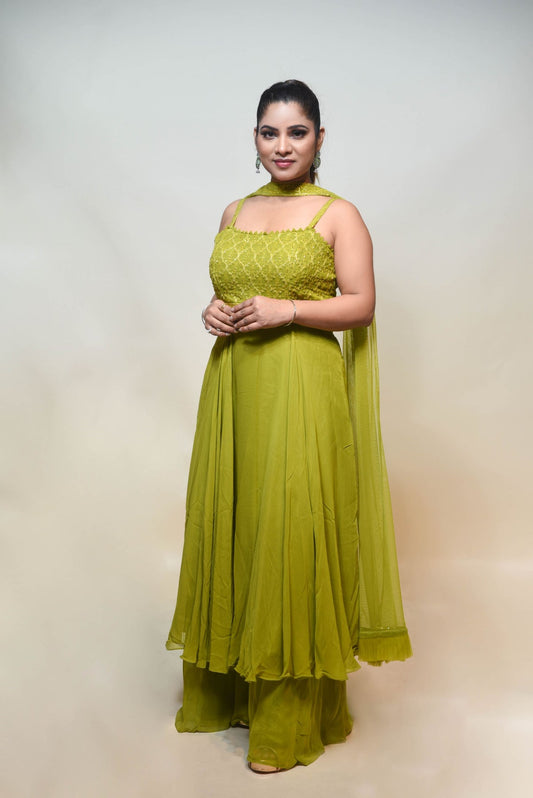 elegant green color floral motif sharara set