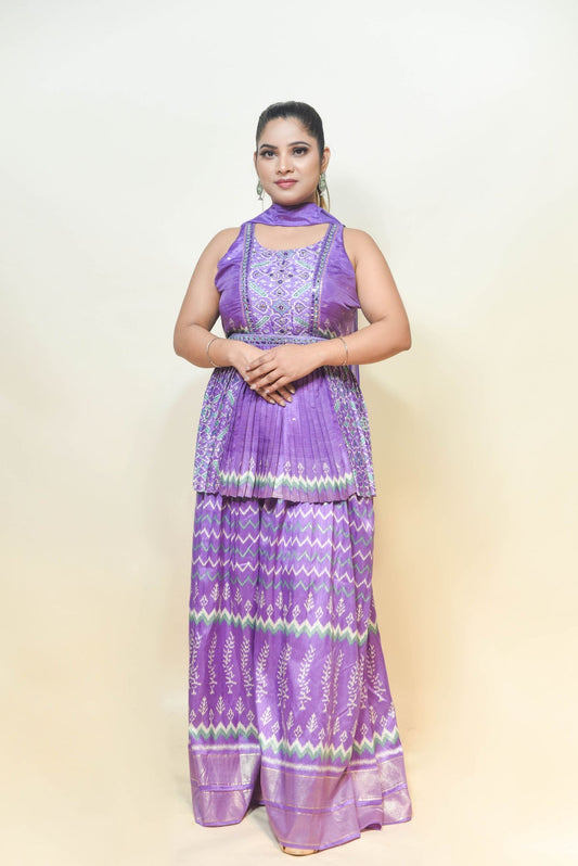 stylish purple color geometrical motif peplum top & sharara set
