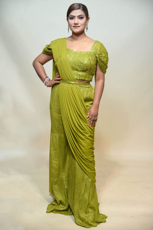 beautiful green color geometrical motif dress