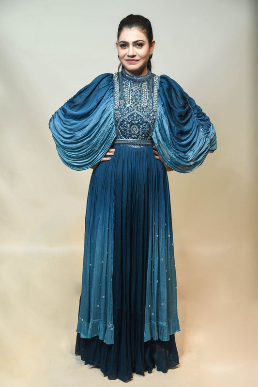 classic blue color floral motif with curtain sleeves