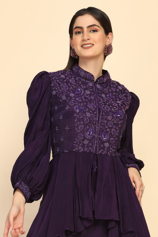 Gorgeous Purple Color Floral Motif Peplum Top Lehenga Set