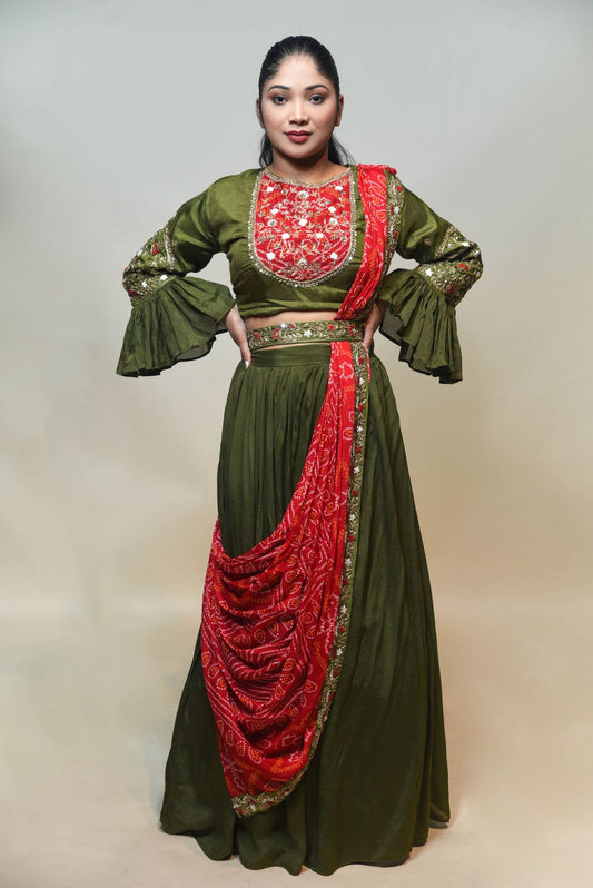 beautiful green color floral motif embroidered dress