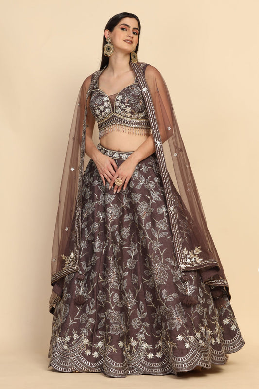 adorable mauve color floral motif embroidered lehenga
