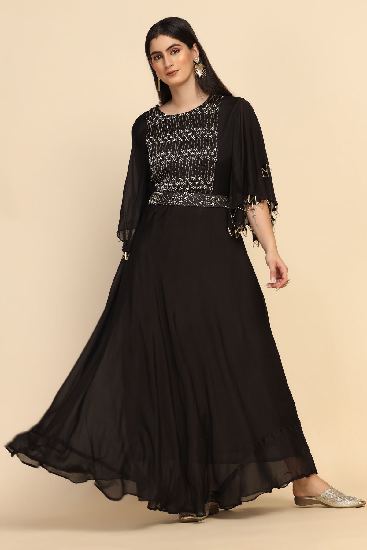 Gorgeous black color floral motif embroidered dress
