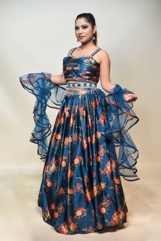 Beautiful Blue Color Floral Motif Printed Embroidered Lehenga