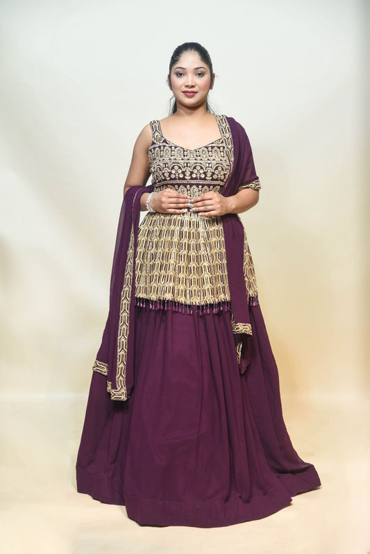 classic wine color floral motif peplum top and lehenga set