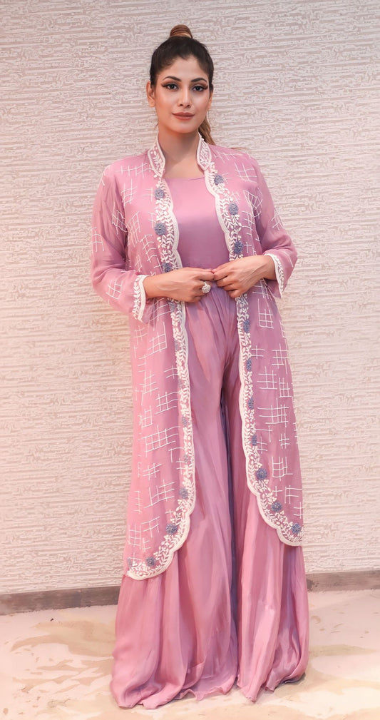 classic pink color floral motif embroidered jumpsuit set
