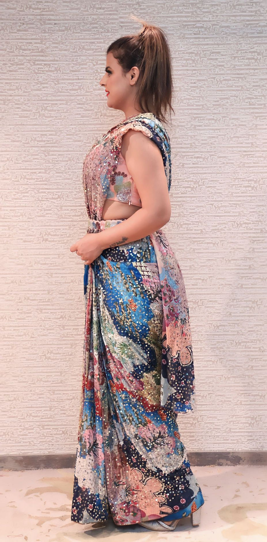 adorable multi color printed drape saree
