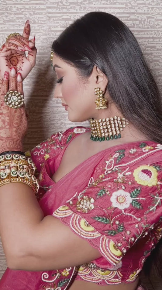 Pink Silk Blend Lehenga with Half Sleeves and Threadwork - Full Stitched