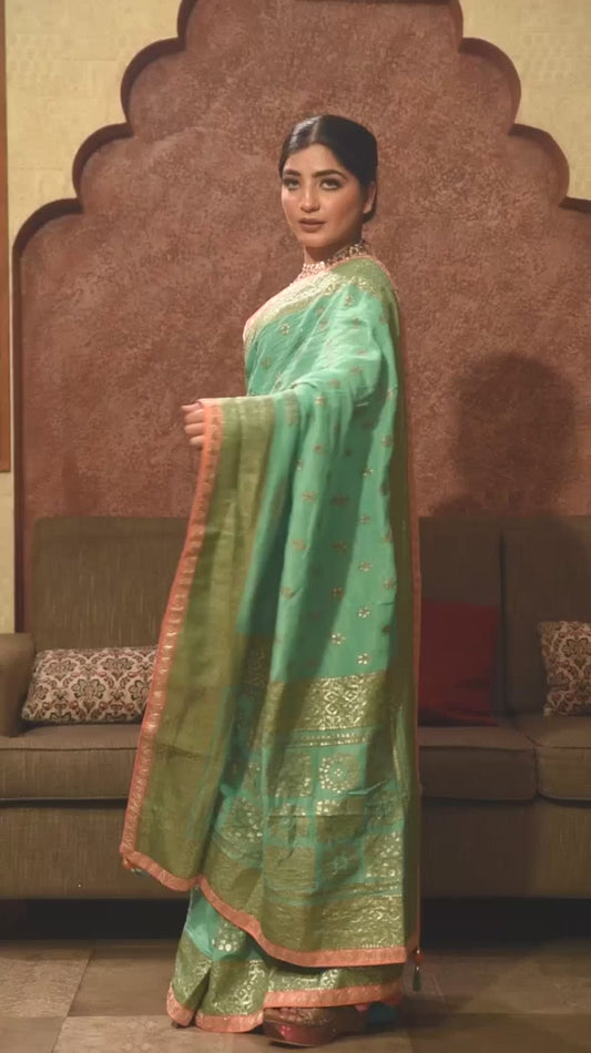 Reel : Classy aqua color floral motif embroidered saree