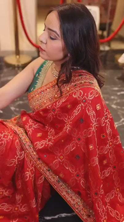 Traditional Red Bandhani Saree with Embroidered Border
