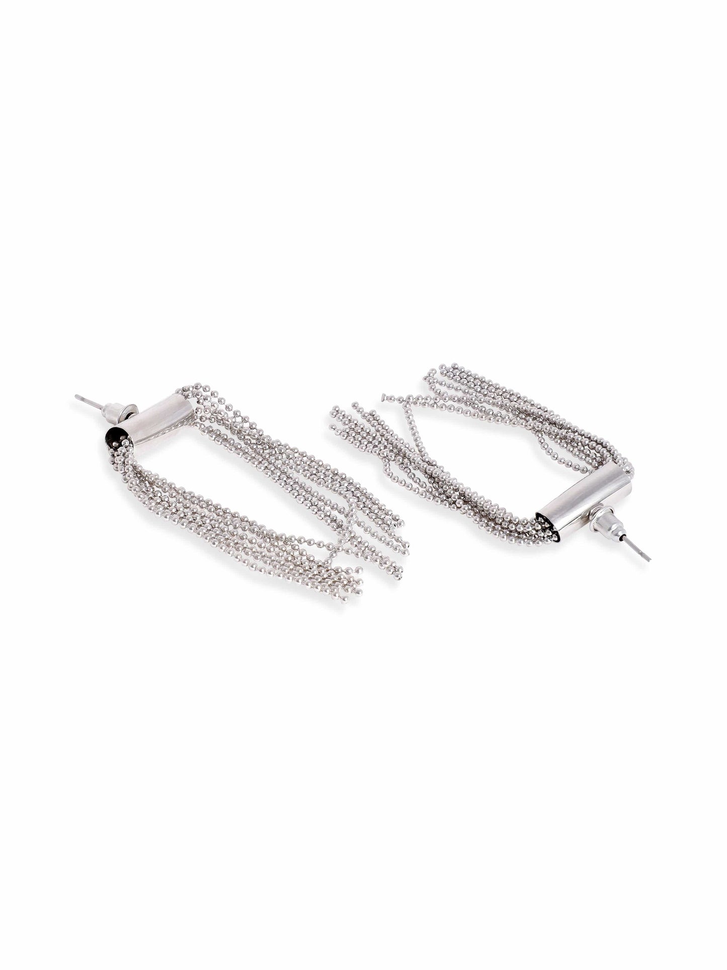 Rhodium-Plated Long Tassel Drop Earrings with Sleek Chain Design