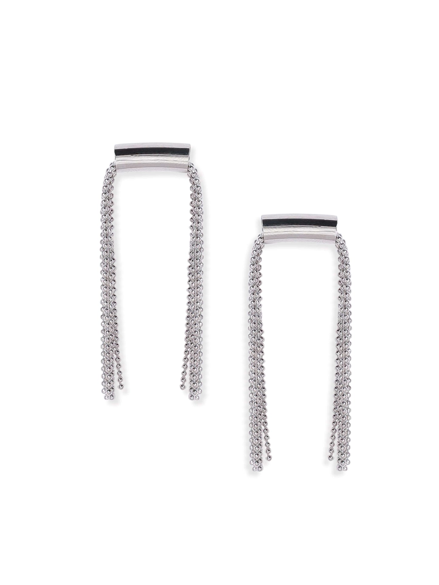 Rhodium-Plated Long Tassel Drop Earrings with Sleek Chain Design