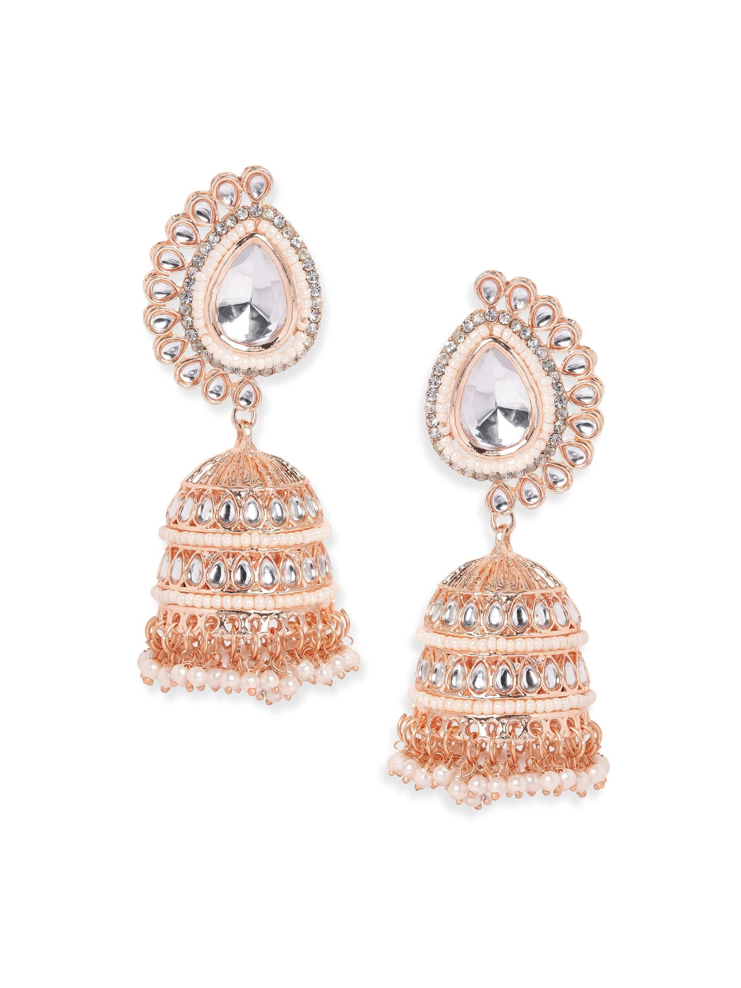 Rose gold plated kundan studded pearl beaded statment jhumka Earrings