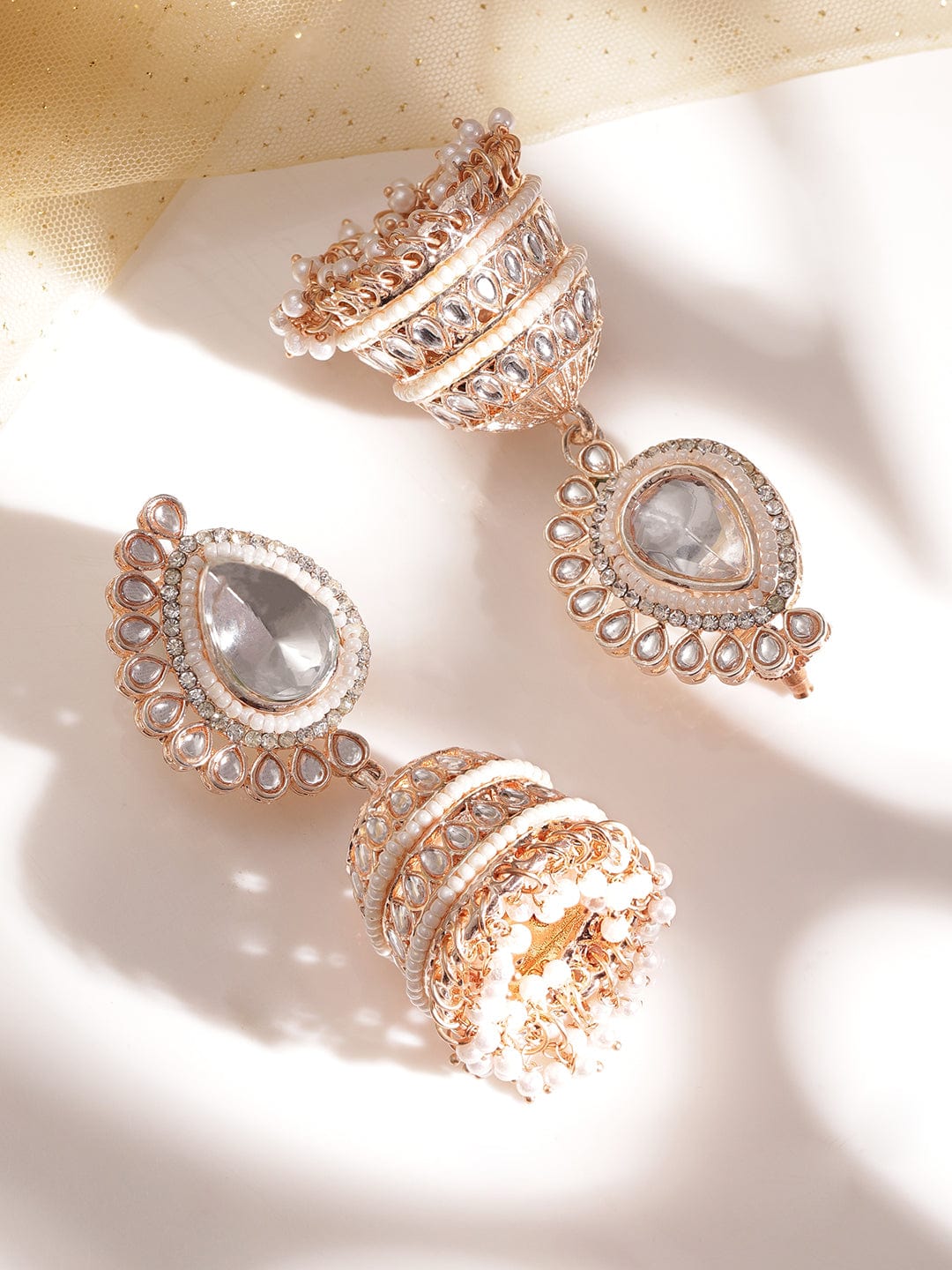 Rose gold plated kundan studded pearl beaded statment jhumka Earrings