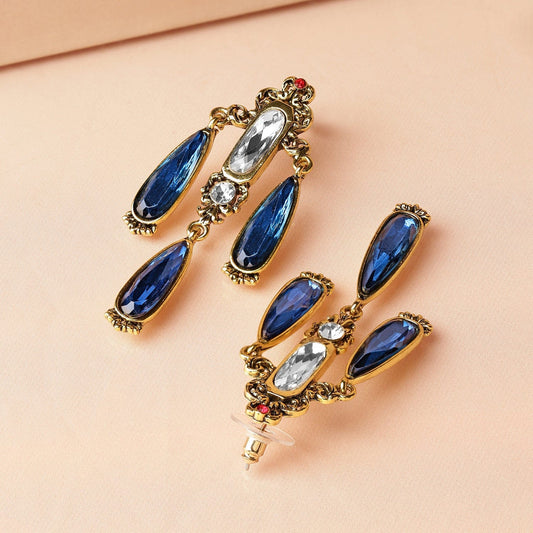 18K Antique Gold-Plated Blue & White Stone Chandelier Earrings