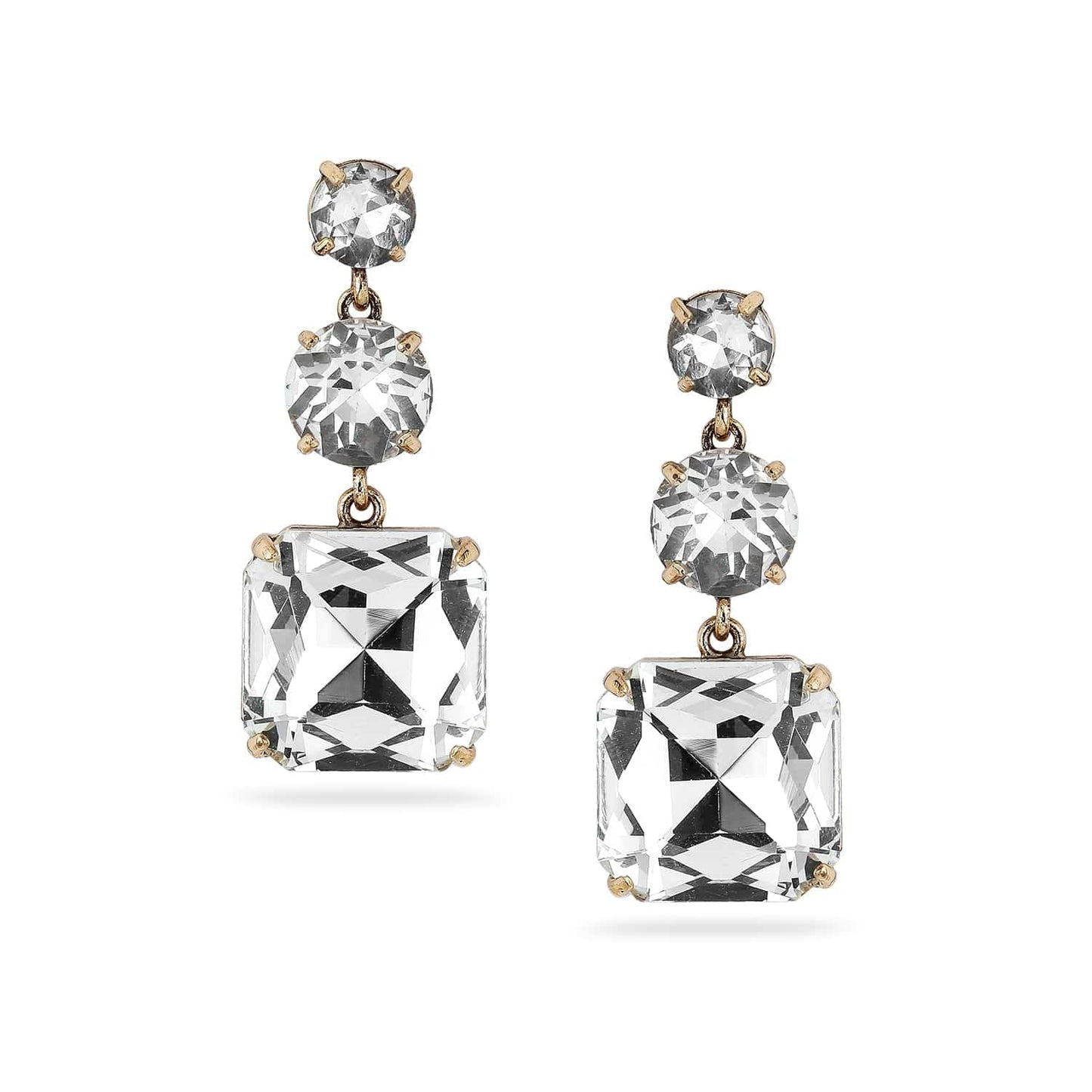 18k Gold-Plated Clear Crystal Dangle Earrings with Square and Round Stones