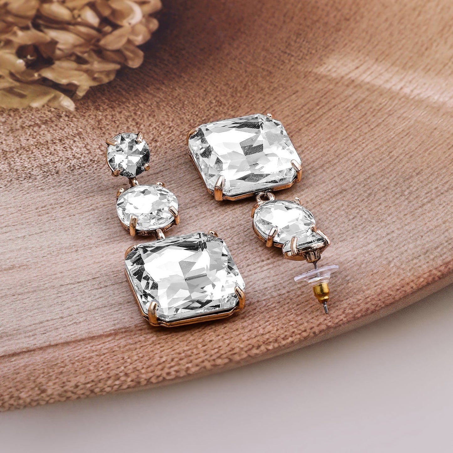 18k Gold-Plated Clear Crystal Dangle Earrings with Square and Round Stones