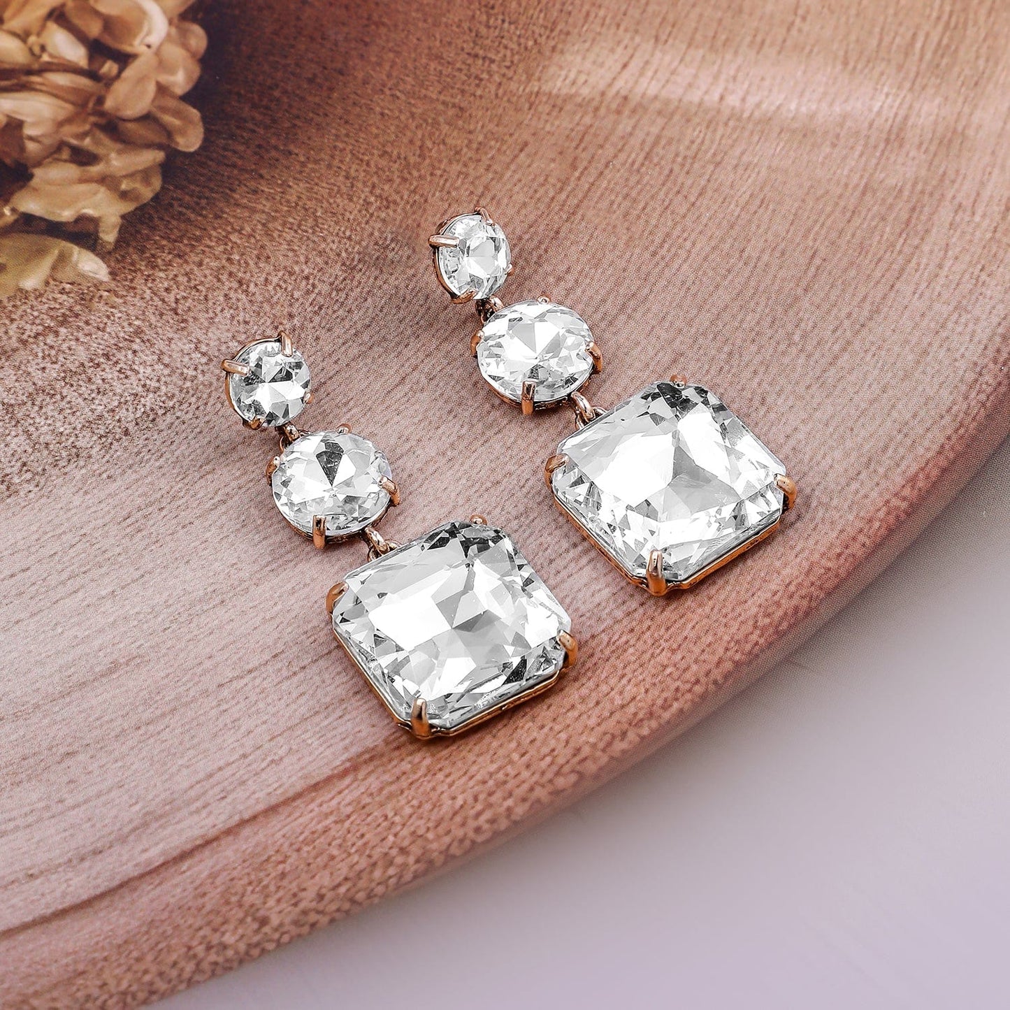 18k Gold-Plated Clear Crystal Dangle Earrings with Square and Round Stones