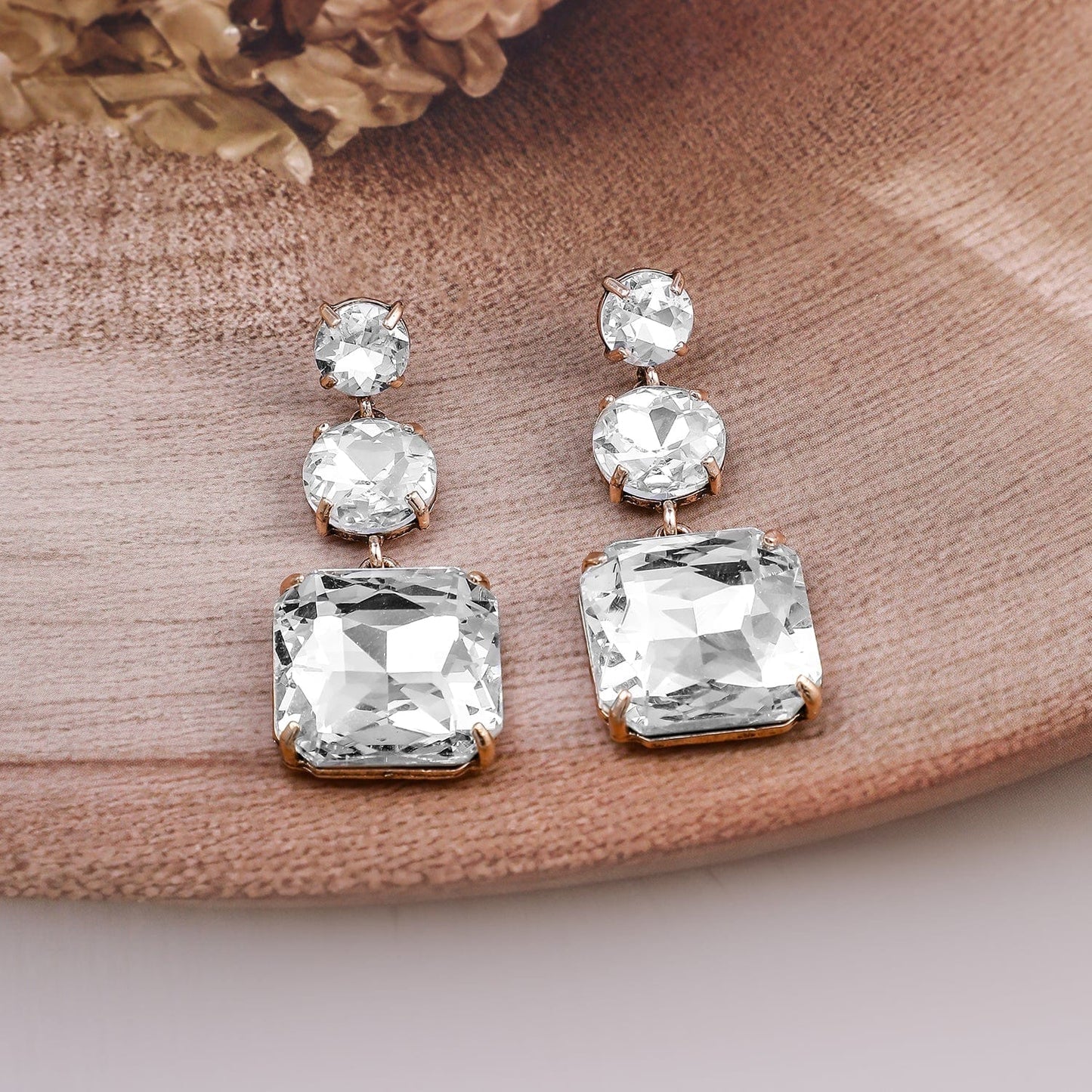 18k Gold-Plated Clear Crystal Dangle Earrings with Square and Round Stones