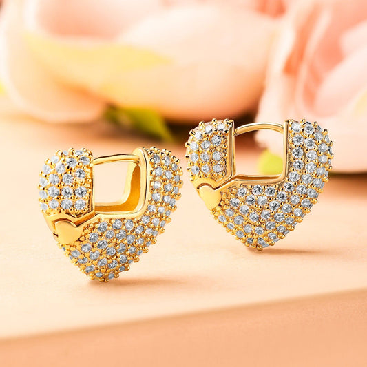 18K Gold-Plated Cubic Zirconia Studded Heart Shape Hoop Earrings