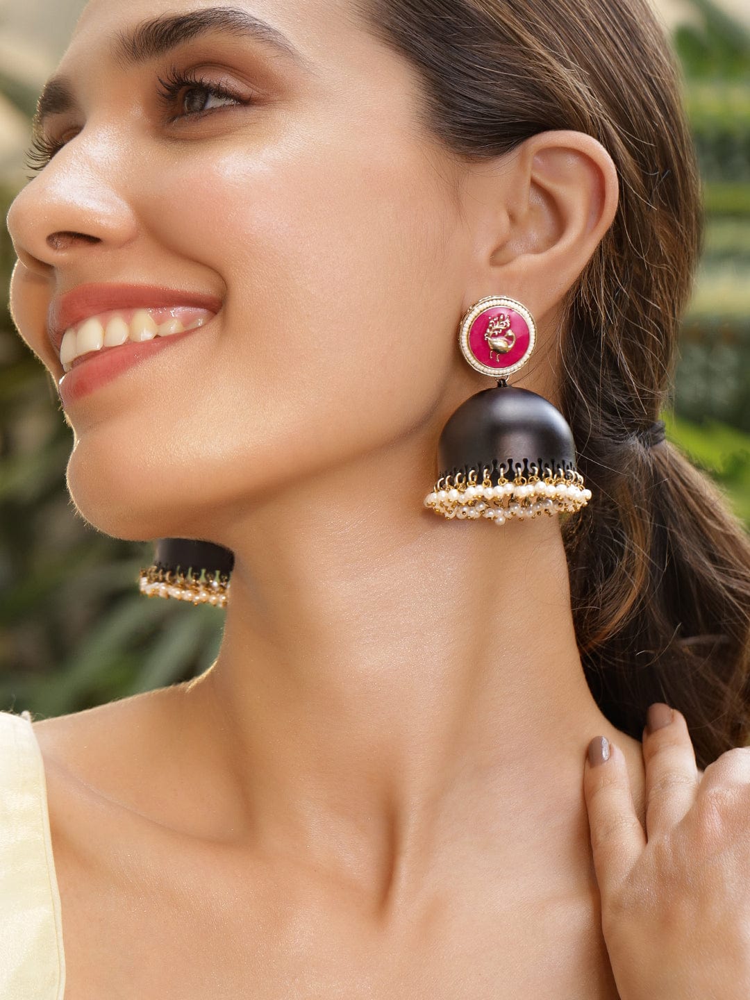 18K Gold-Plated Dome Shaped Stone Studded & Beaded Enamelled Jhumkas