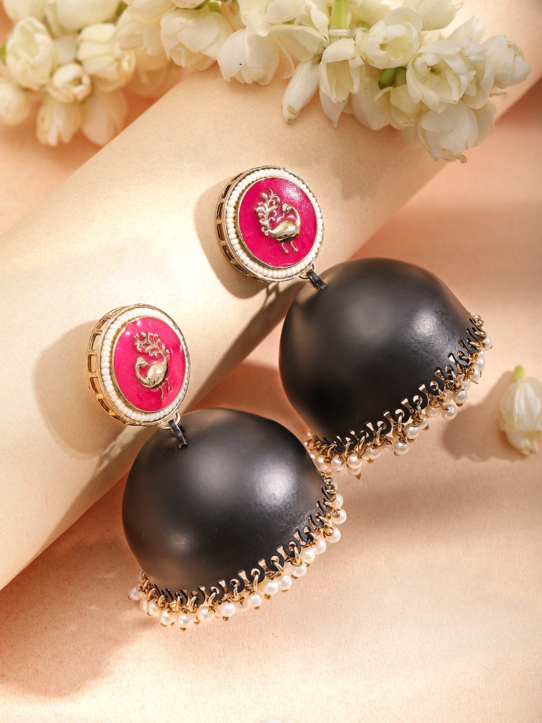 18K Gold-Plated Dome Shaped Stone Studded & Beaded Enamelled Jhumkas