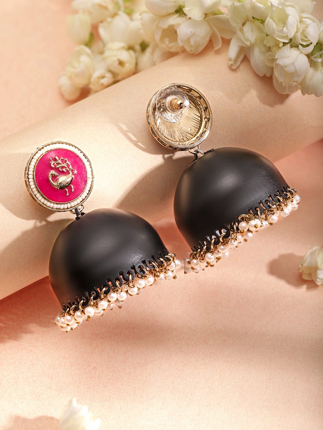 18K Gold-Plated Dome Shaped Stone Studded & Beaded Enamelled Jhumkas