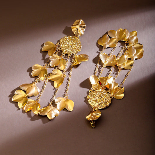 18K Gold-Plated Floral Petal Cascade Long Statement Earrings