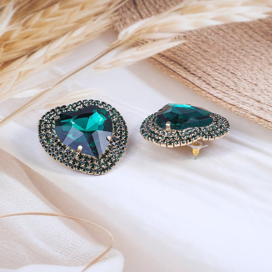 18k Gold-Plated Heart-Shaped Green Crystal Stud Earrings with Black Stone Border