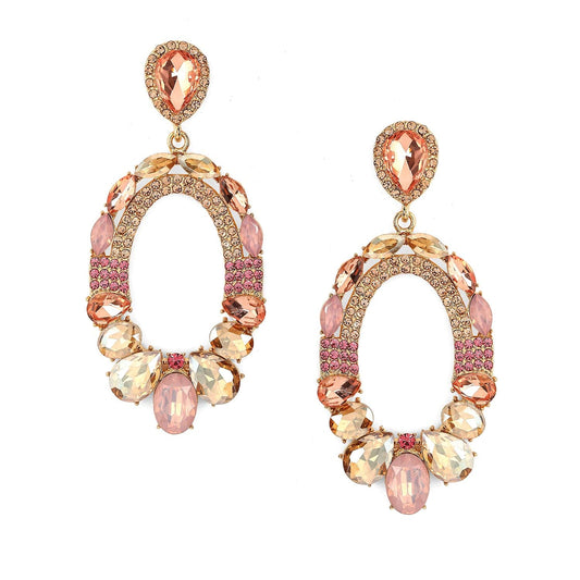 18K Gold-Plated Oval Pink & Champagne Crystal Studded Statement Dangle Earrings