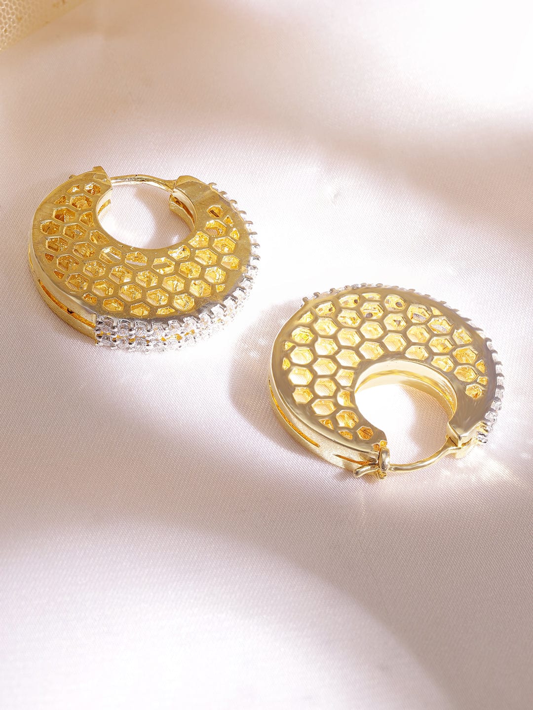 22K Gold plated Crystal Round zirconia Hexagonal Textured Chic Demi - Fine Hoop Earrings