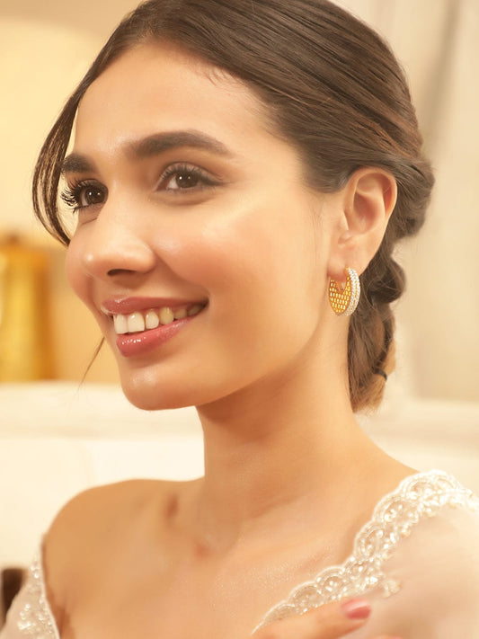 22K Gold plated Crystal Round zirconia Hexagonal Textured Chic Demi - Fine Hoop Earrings