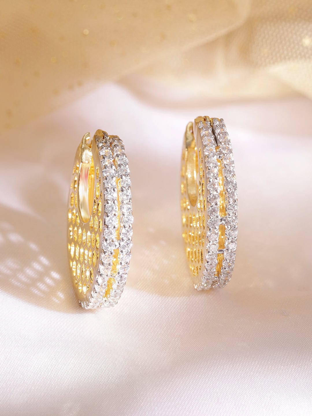 22K Gold plated Crystal Round zirconia Hexagonal Textured Chic Demi - Fine Hoop Earrings
