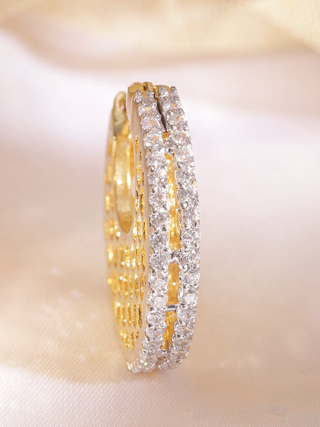 22K Gold plated Crystal Round zirconia Hexagonal Textured Chic Demi - Fine Hoop Earrings