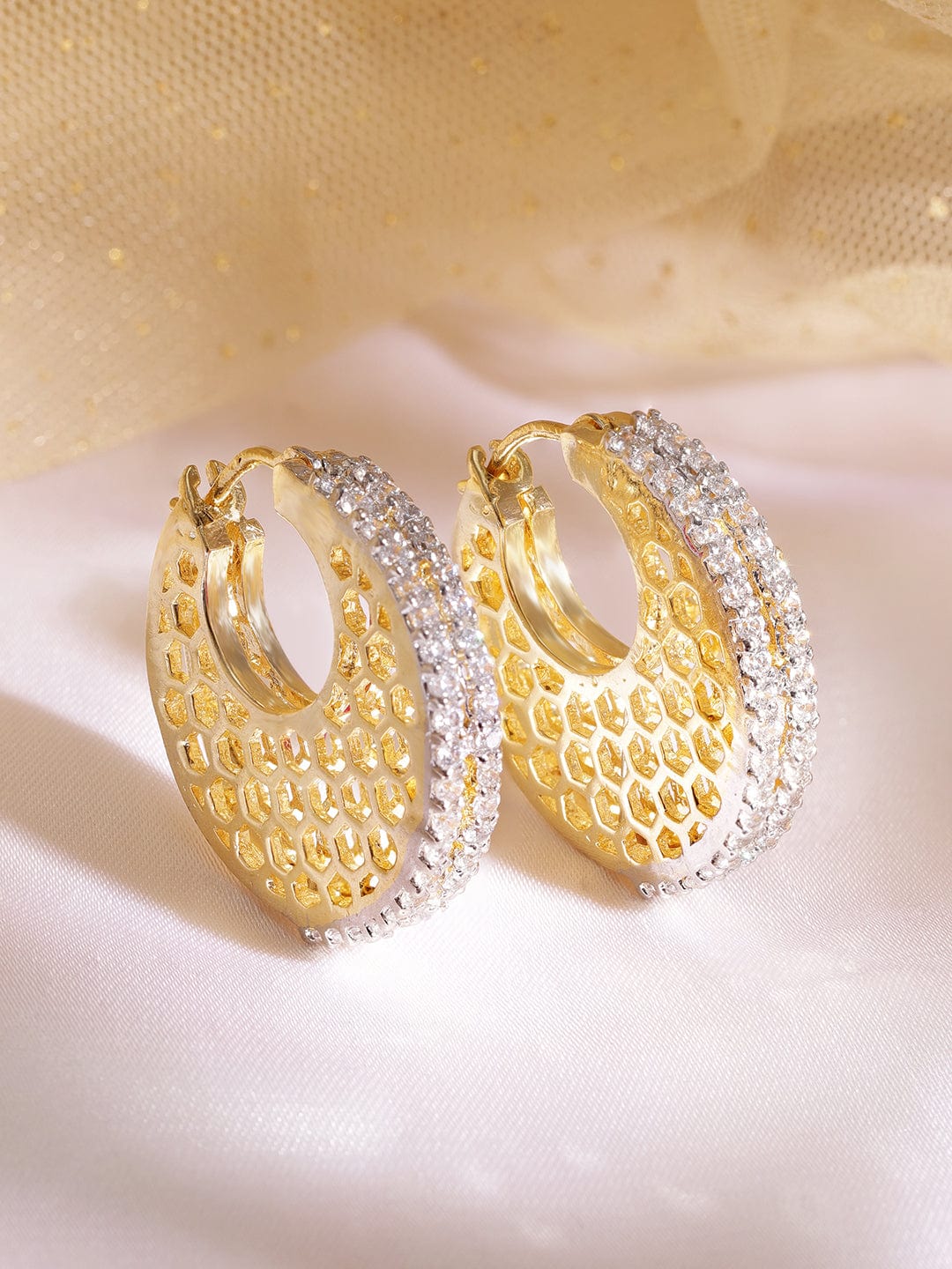 22K Gold plated Crystal Round zirconia Hexagonal Textured Chic Demi - Fine Hoop Earrings