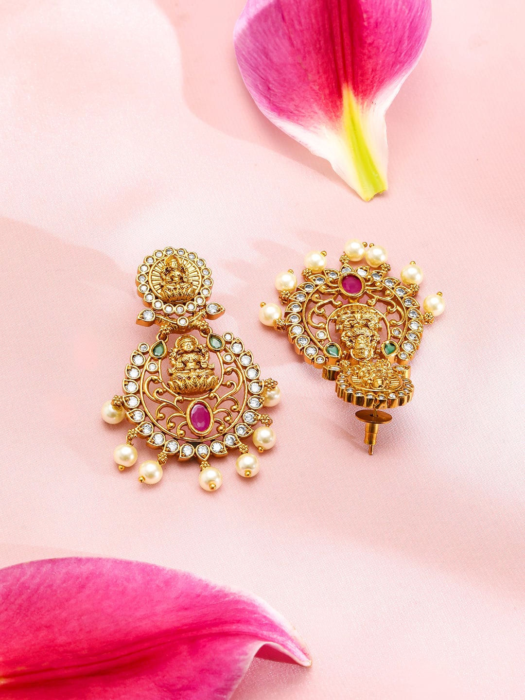 22K Gold-Plated Ruby Emerald & CZ Divine Lakshmi Motif Temple Chandbalis