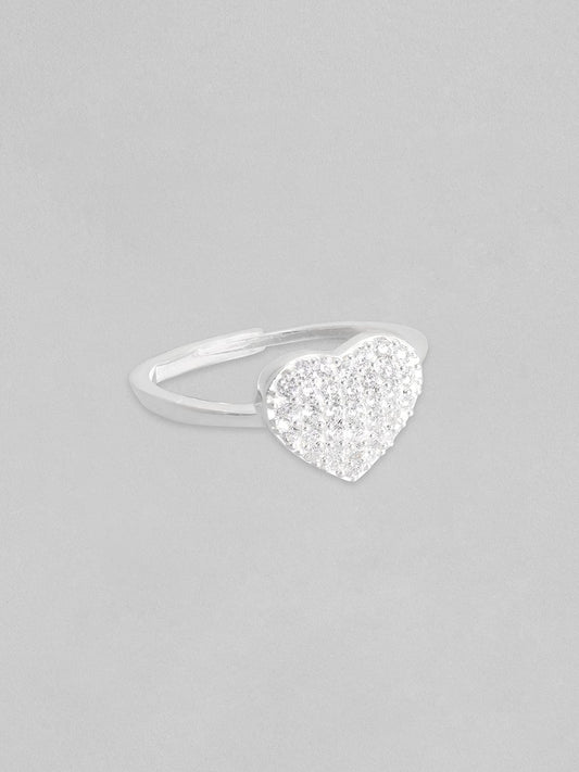 Silver, Rhodium Plated Pave Studded Zircons Minimal Heart Motif Ring.