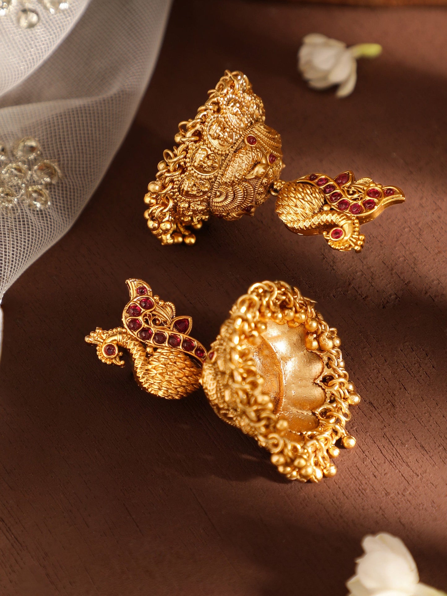 Celestial Plumage 22k Gold plated Jhumka Earrings with Peacock Charm