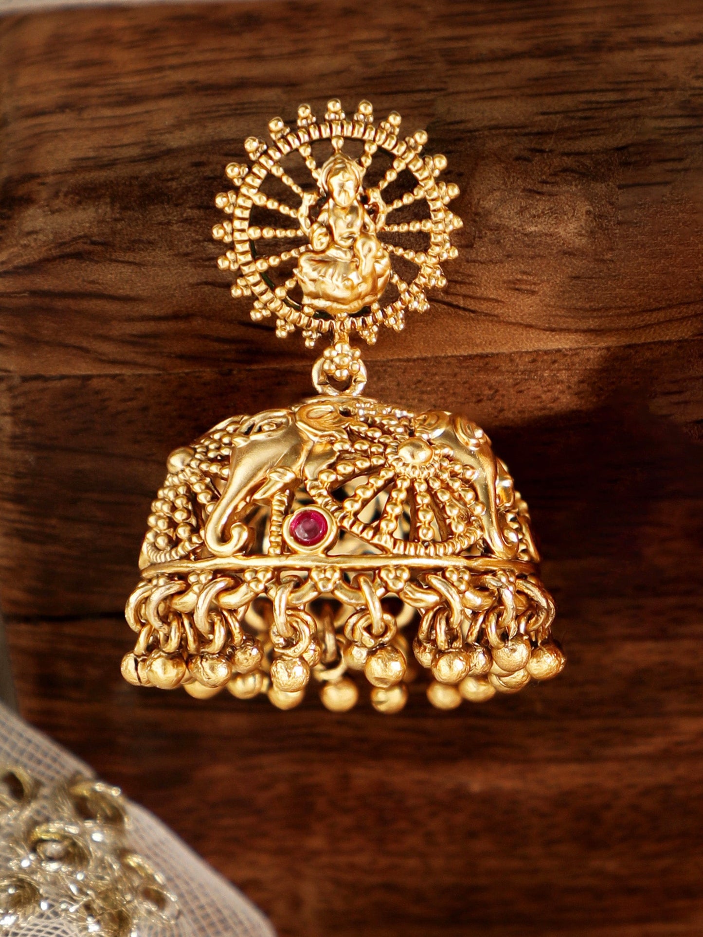 Exquisite 22k Gold-Plated Temple Floral Jhumka Earrings