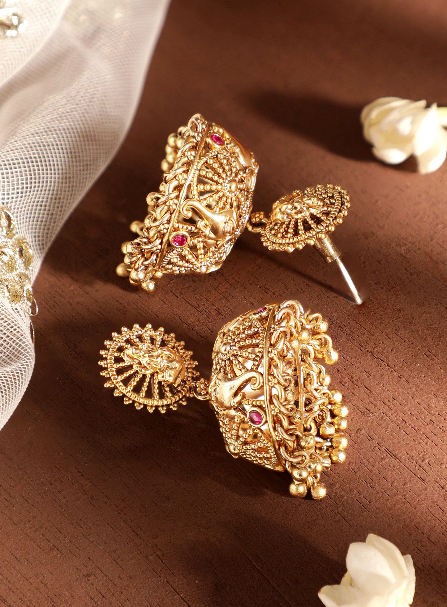 Exquisite 22k Gold-Plated Temple Floral Jhumka Earrings