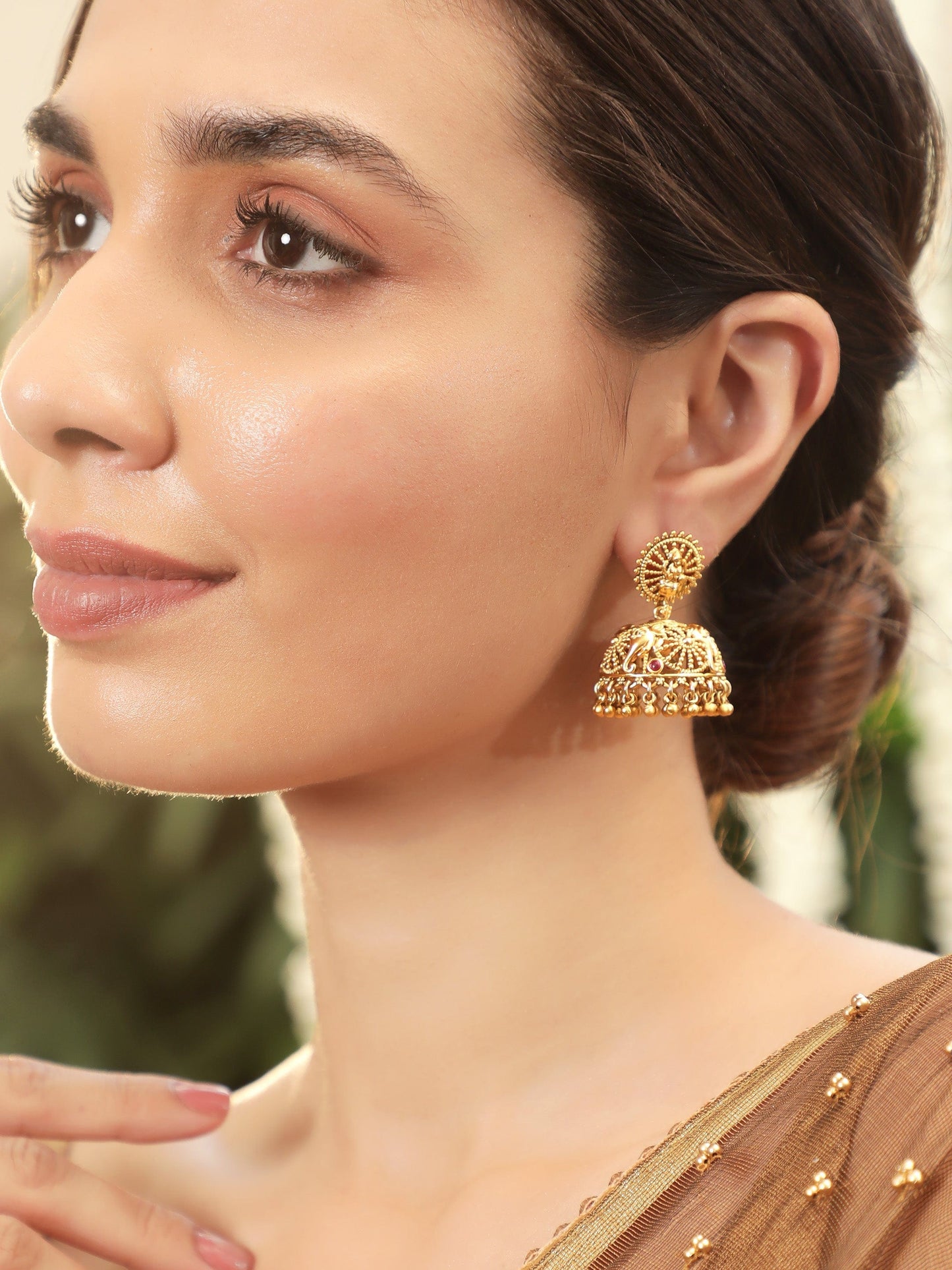 Exquisite 22k Gold-Plated Temple Floral Jhumka Earrings