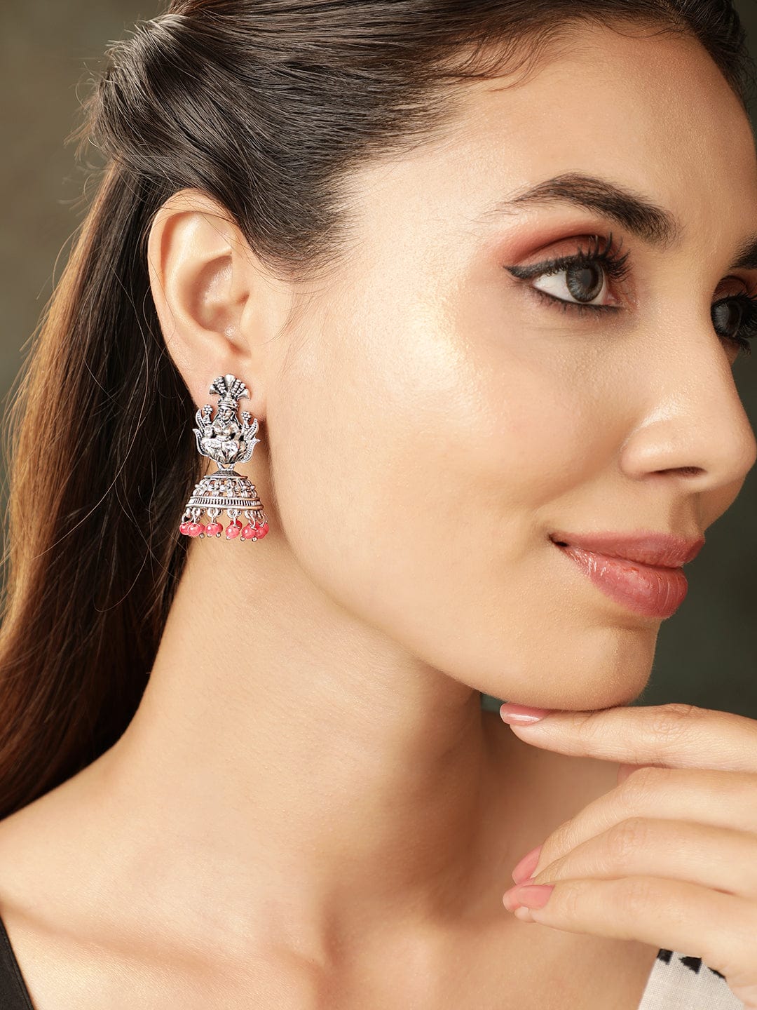 Oxidised Silver-Plated Coral Pink Beaded Goddess Laxmi Design Dome Shaped Jhumkas