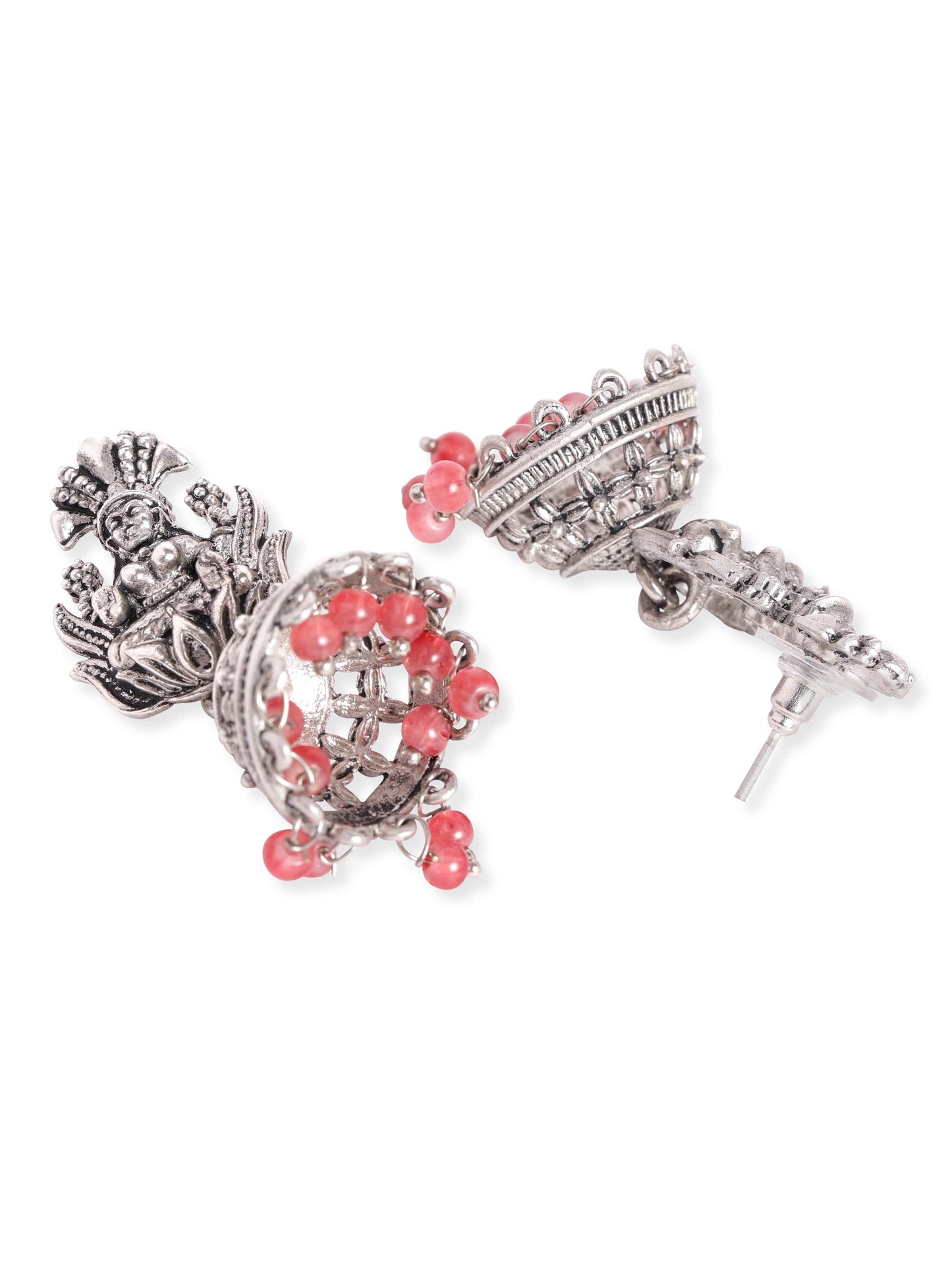 Oxidised Silver-Plated Coral Pink Beaded Goddess Laxmi Design Dome Shaped Jhumkas