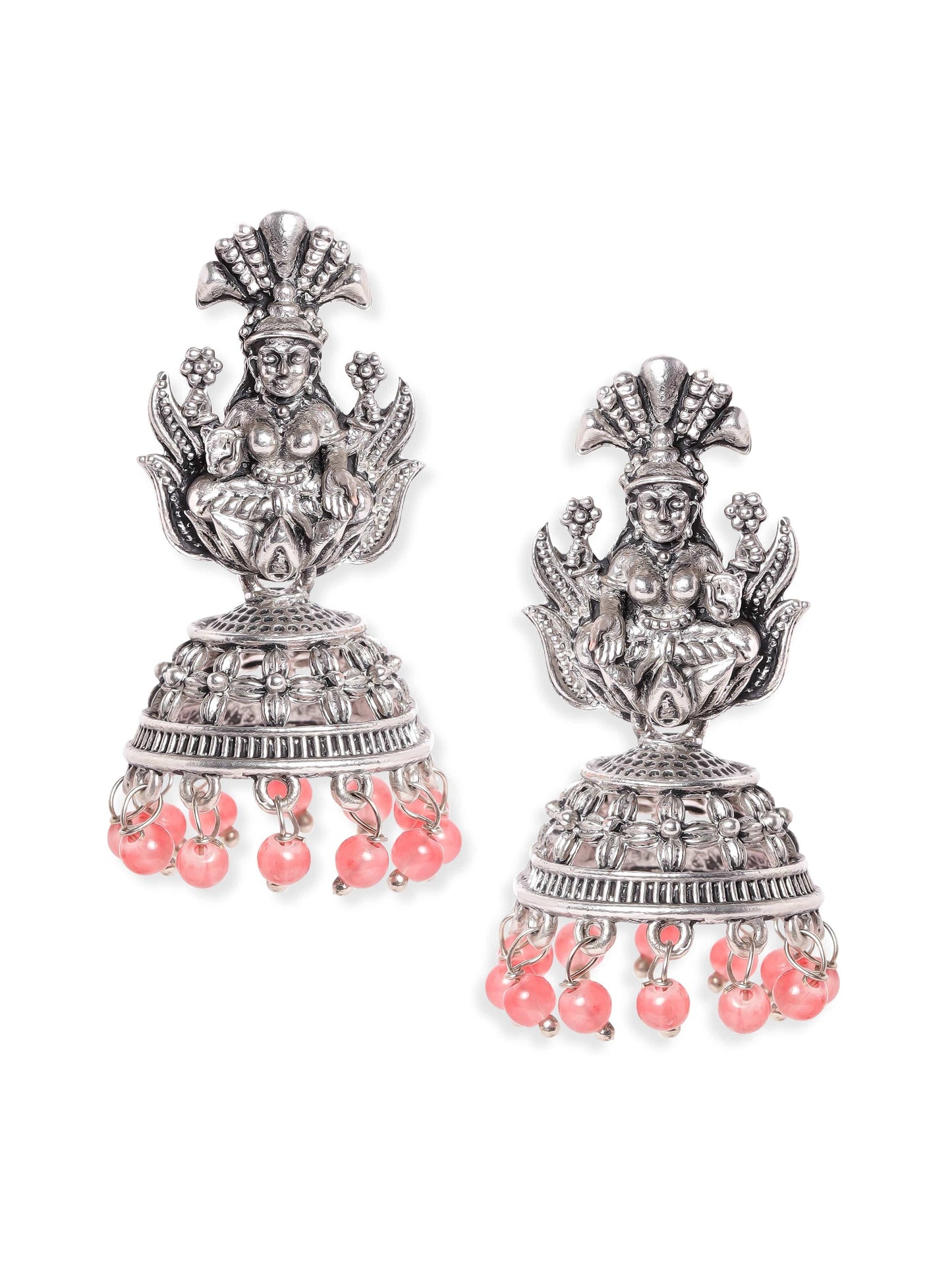 Oxidised Silver-Plated Coral Pink Beaded Goddess Laxmi Design Dome Shaped Jhumkas