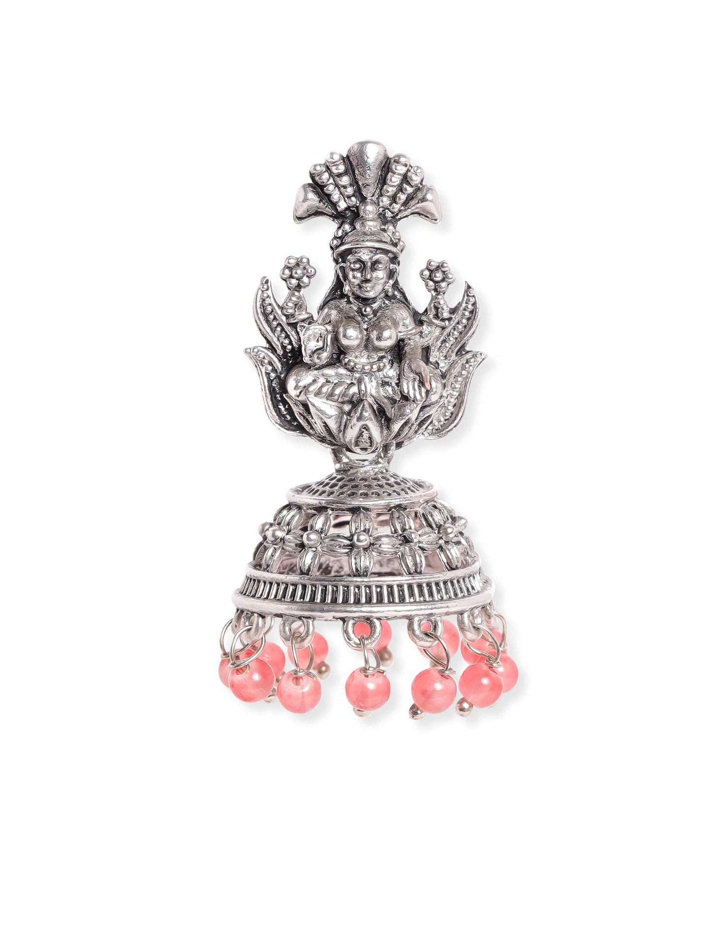 Oxidised Silver-Plated Coral Pink Beaded Goddess Laxmi Design Dome Shaped Jhumkas