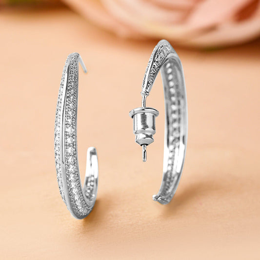 Rhodium-Plated Cubic Zirconia Studded Classic Hoop Earrings