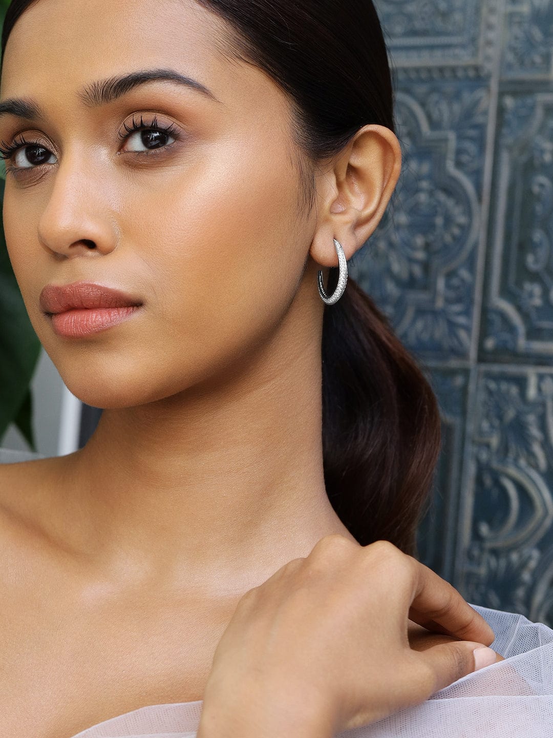 Rhodium-Plated Cubic Zirconia Studded Classic Hoop Earrings