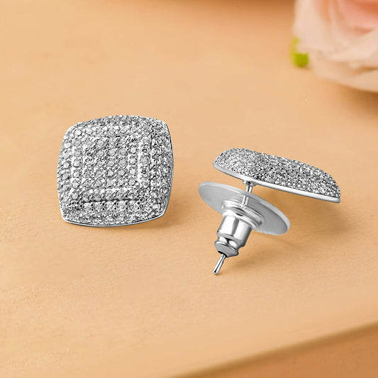 Rhodium-Plated Cubic Zirconia Studded Square Stud Earrings